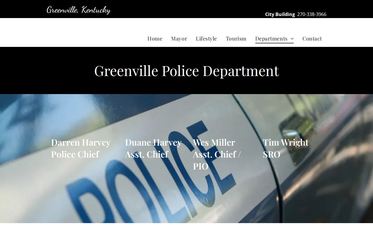 Official Greenville Police Department page showing address phone and dispatch contacts