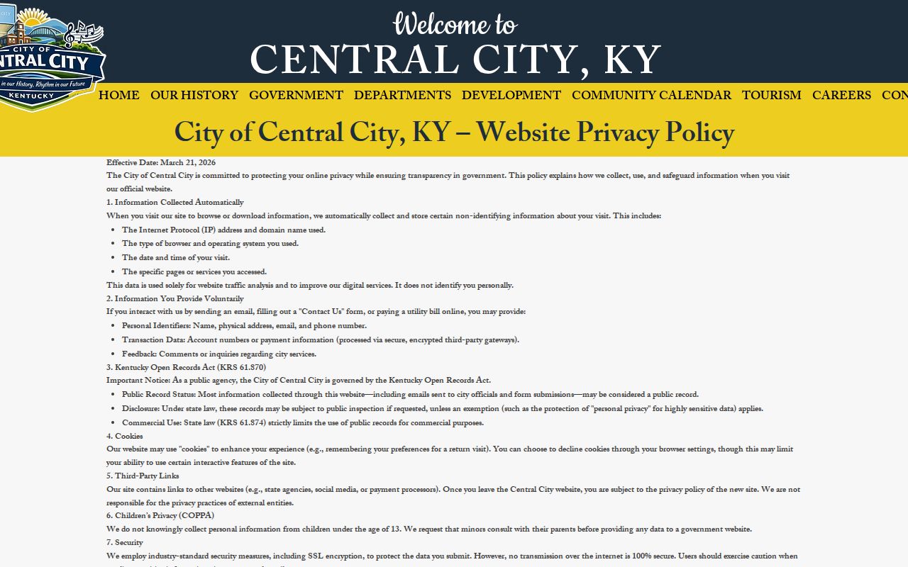 Central City legal page showing the city clerk open-records contact