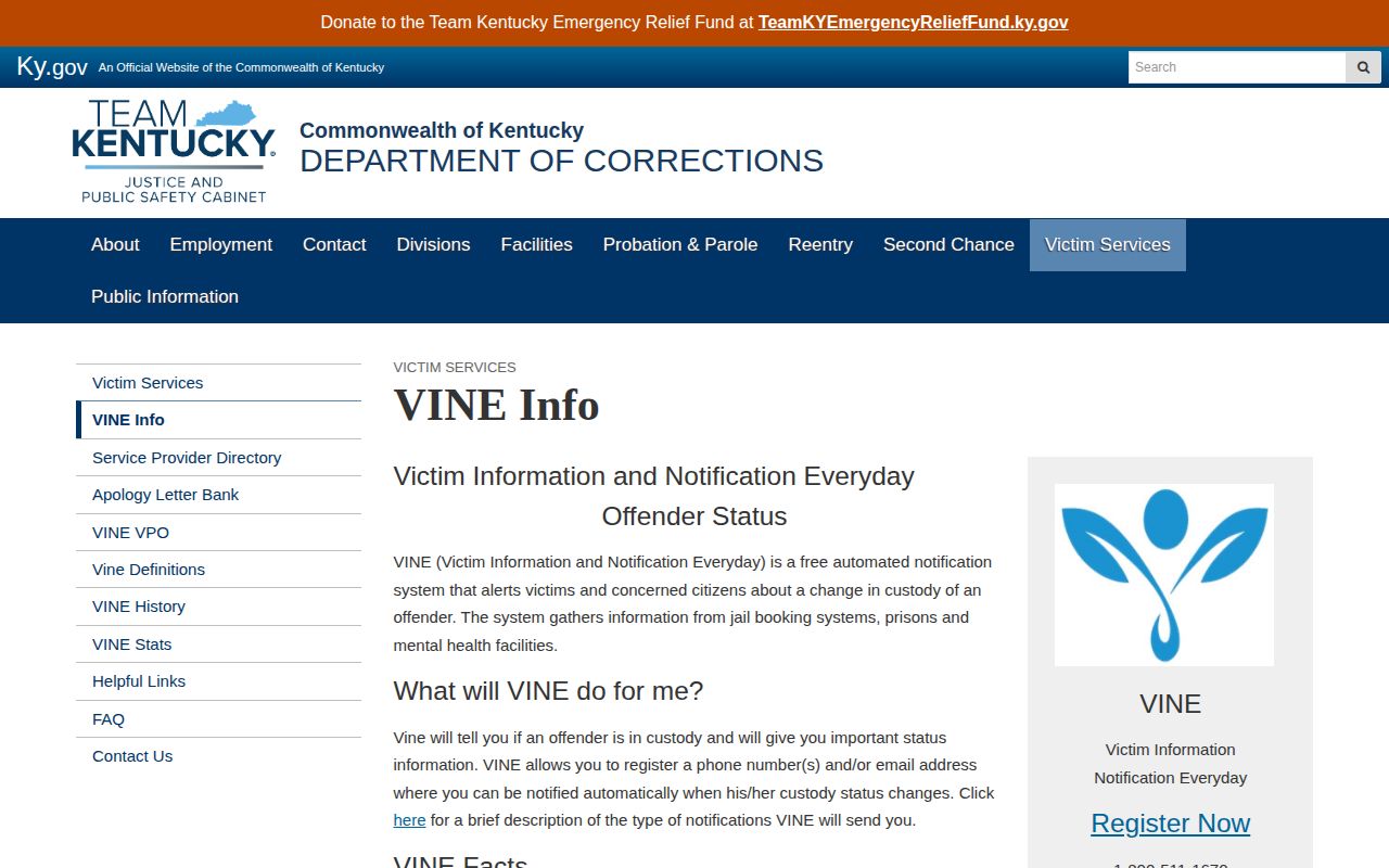 Kentucky DOC explanation of VINE alerts and PIN acknowledgement