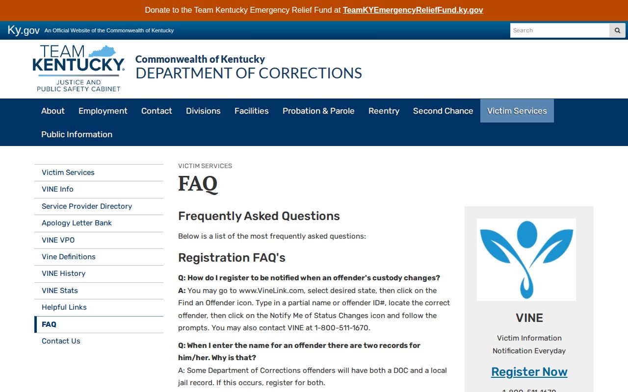 Kentucky VINE FAQ instructions for partial-name and offender ID search