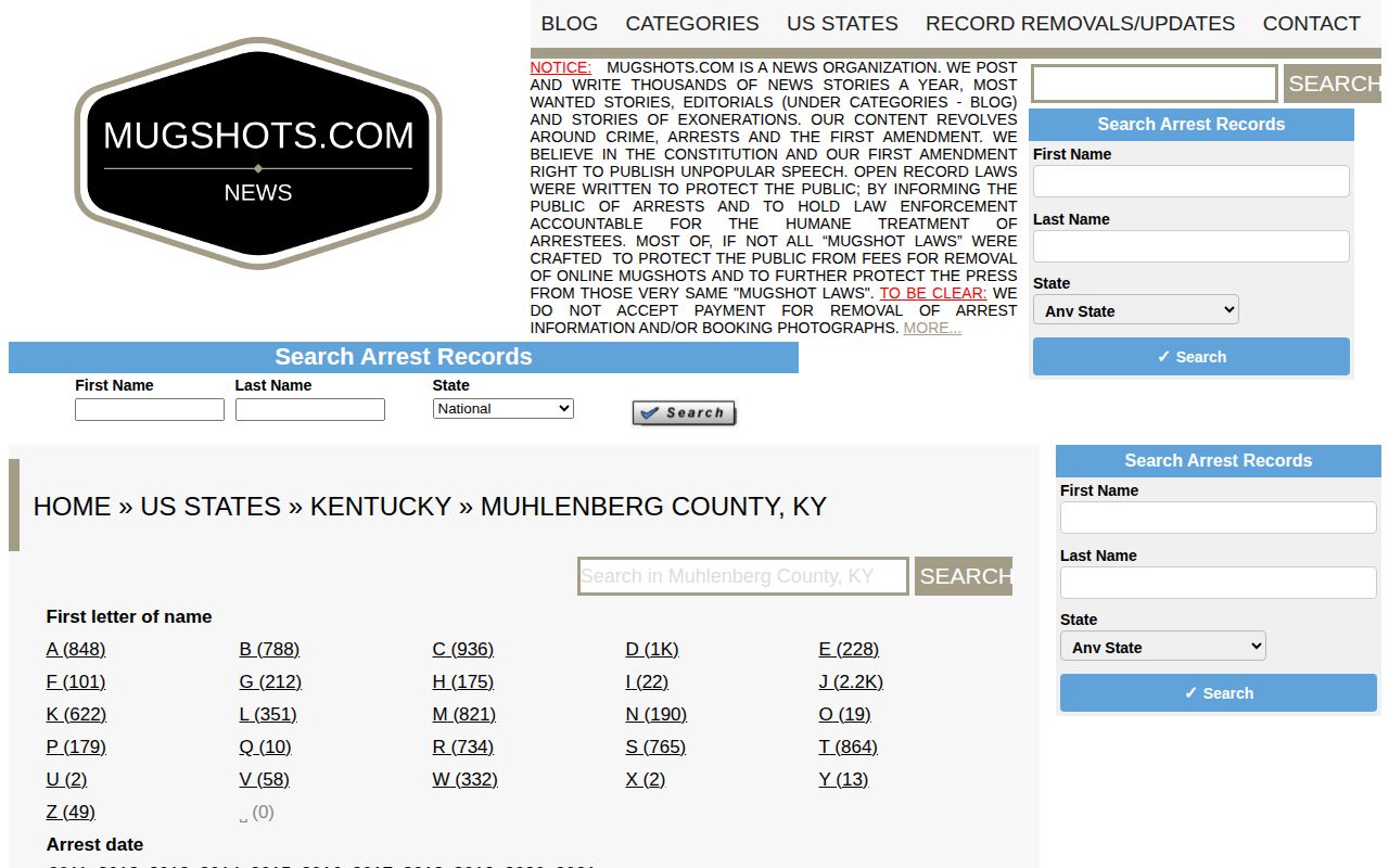 Unofficial historical Muhlenberg County arrest archive interface